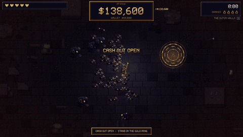 A thief stands in a gold ring while a crowd closes in. A hit spills part of the pile, then the cash out fires and the pile is counted into the wallet.