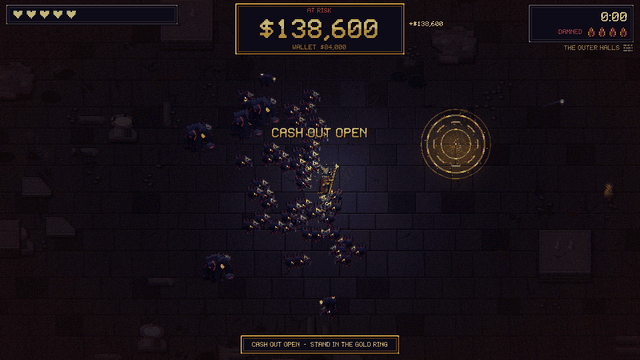 A thief stands in a gold ring while a crowd closes in. A hit spills part of the pile, then the cash out fires and the pile is counted into the wallet.