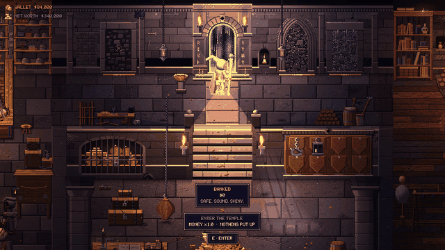 Banked coins pour across the thief's den into a growing heap of gold, and a milestone plaque rings in.