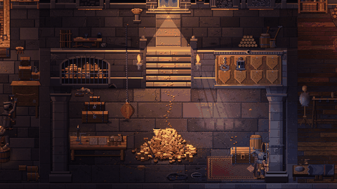 The thief's den under torchlight, a hoard of gold in the middle.