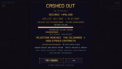 The Cashed Out screen: the pile secured, the wallet counted up, a milestone reached.